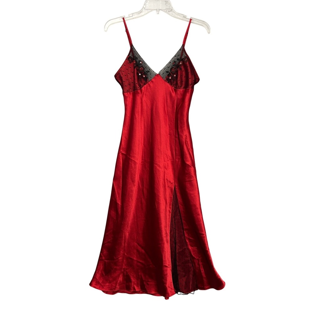 VTG Slip Dress Women's M‎ Red Satin Beaded Lace Festive Party Formal Adjustable